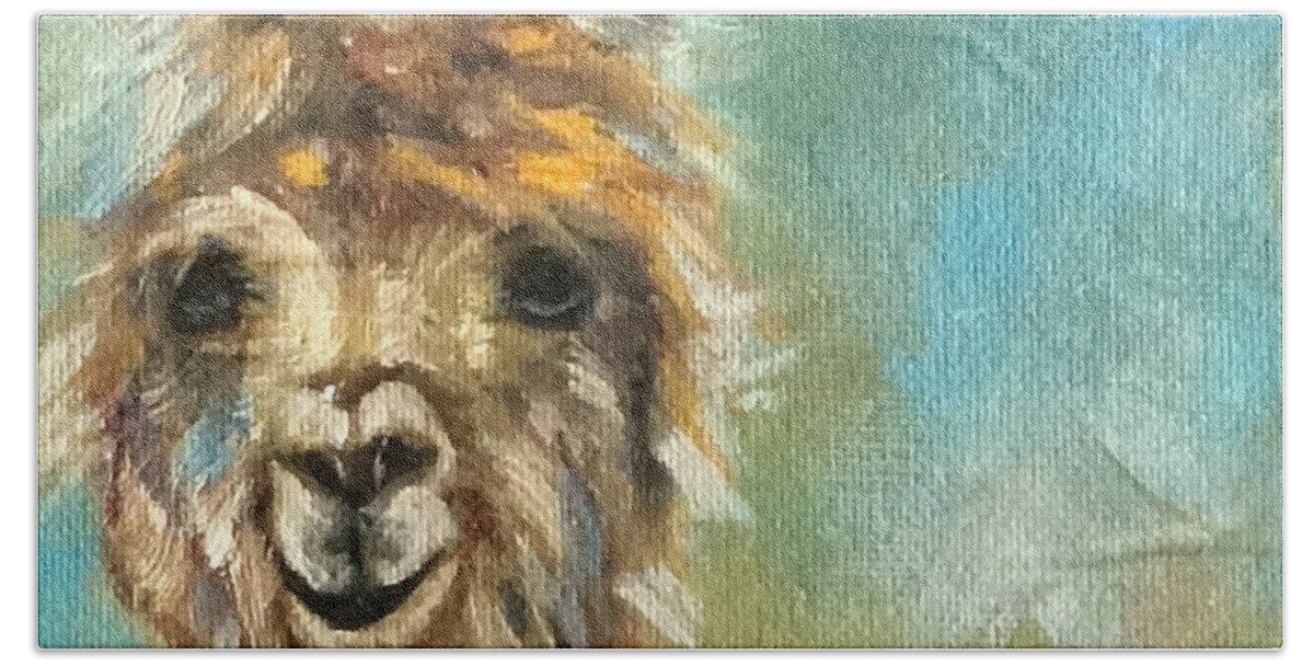 Fluffy Alpaca 6 X 6 Oil Painting On Canvas Bonded On1.5 Depth Cradle Panel. Ready To Hang Beach Towel featuring the painting Fluffy Alpaca by Susan Goh