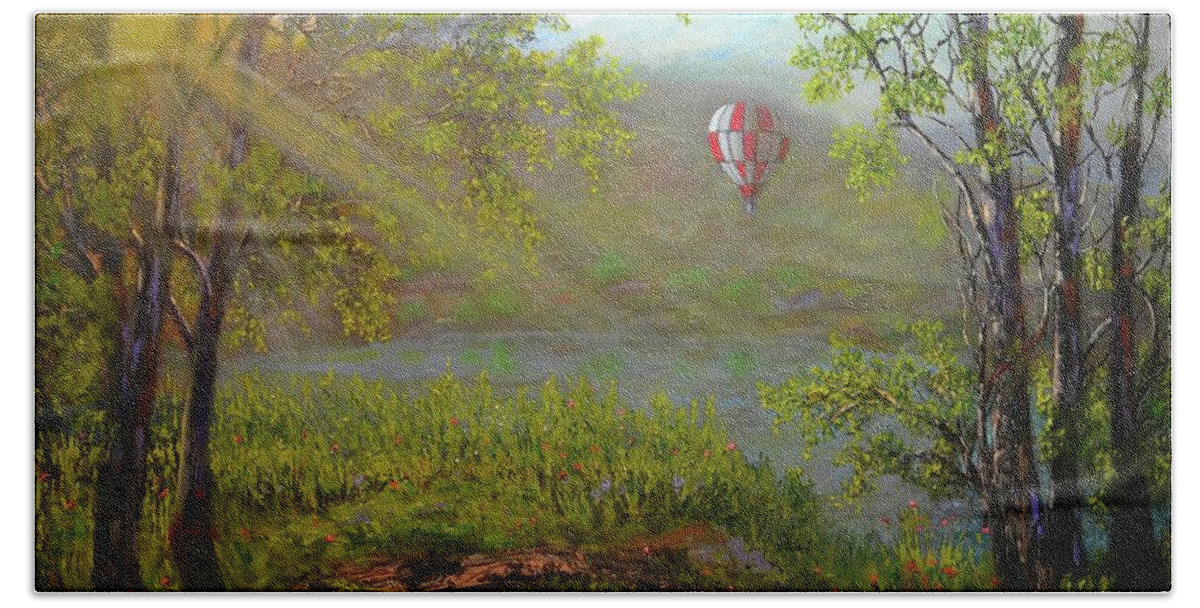 Balloon Beach Towel featuring the painting Flying Away by Michael Mrozik