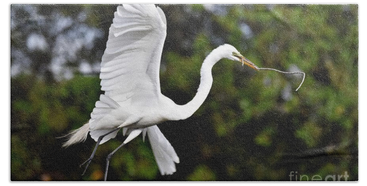 Great White Egret Beach Towel featuring the photograph Flying High by Julie Adair