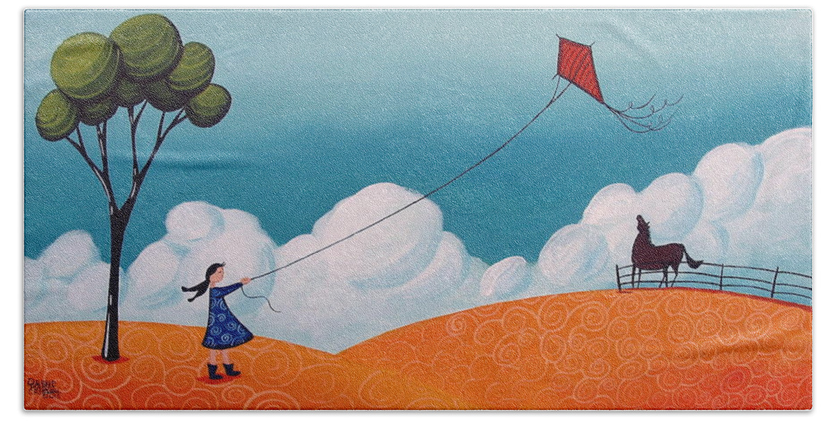 Art Beach Towel featuring the painting Flying With Becky - whimsical landscape by Debbie Criswell