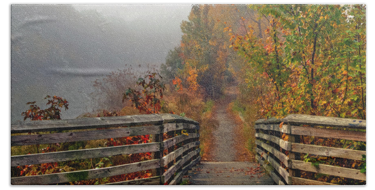 Fog Beach Sheet featuring the photograph Foggy fall Trail by Jerry Gammon