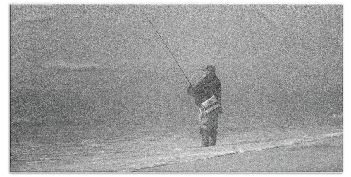 Landscape Beach Towel featuring the photograph Foggy Fisherman in BW by Mary Haber
