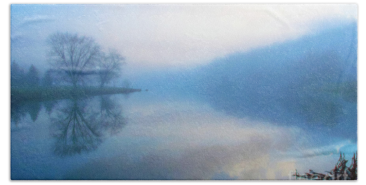 Foggy Morning Lake Sunrise Beach Sheet featuring the photograph Foggy Morning Lake Sunrise II by Randy Steele
