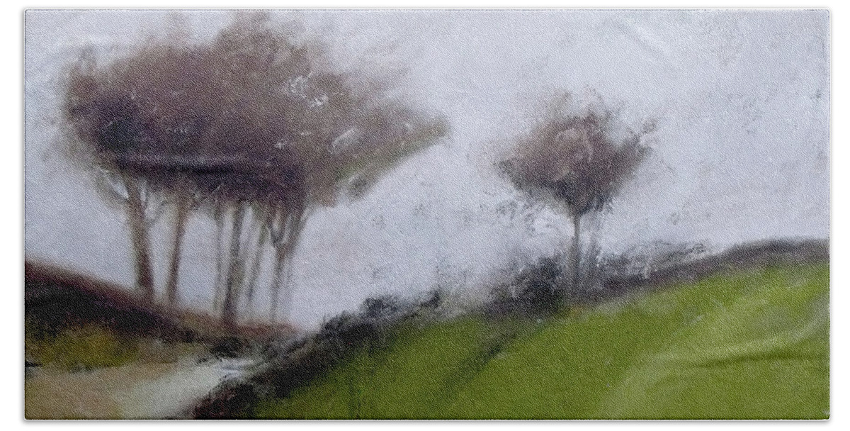 Trees Beach Towel featuring the painting Foggy Path by Mary Hubley