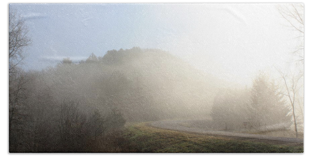 Misty Beach Sheet featuring the photograph Foggy Road by Inspired Arts
