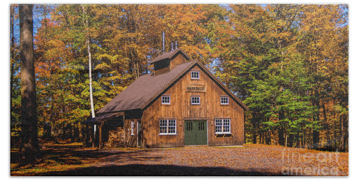 Fall Foliage Beach Towel featuring the photograph Foliage season at the Sugarhouse by Scenic Vermont Photography