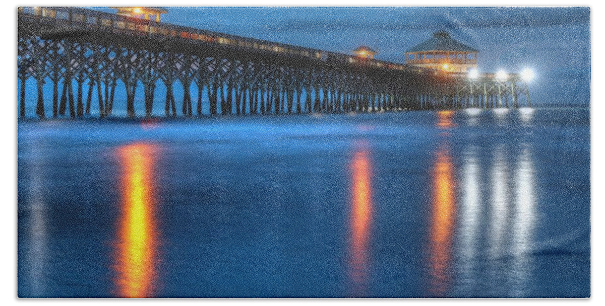 Carol R Montoya Beach Towel featuring the photograph Folly Beach Pier At Blue Hour Charleston South Carolina by Carol Montoya