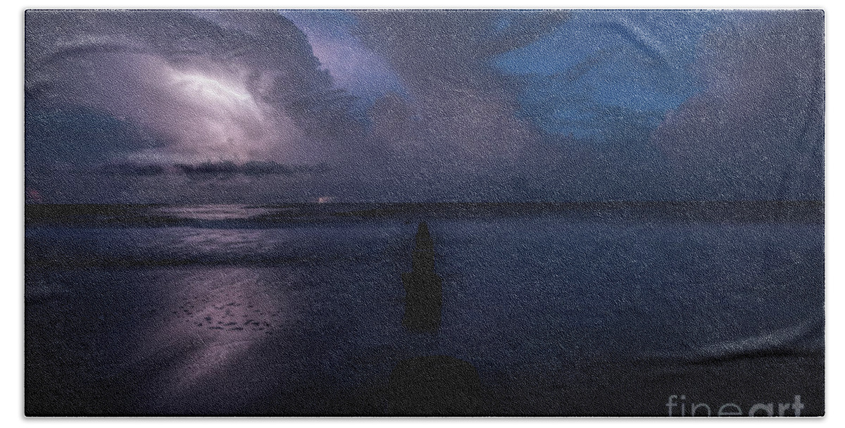 Lightning Illuminating The Shore At Folly Island. Beach Towel featuring the photograph Folly Island Lightning by Robert Loe