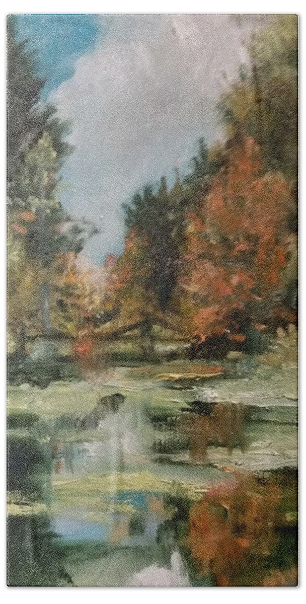 Pond Beach Sheet featuring the painting Footbridge at Mutton Lane by Cheryl LaBahn Simeone