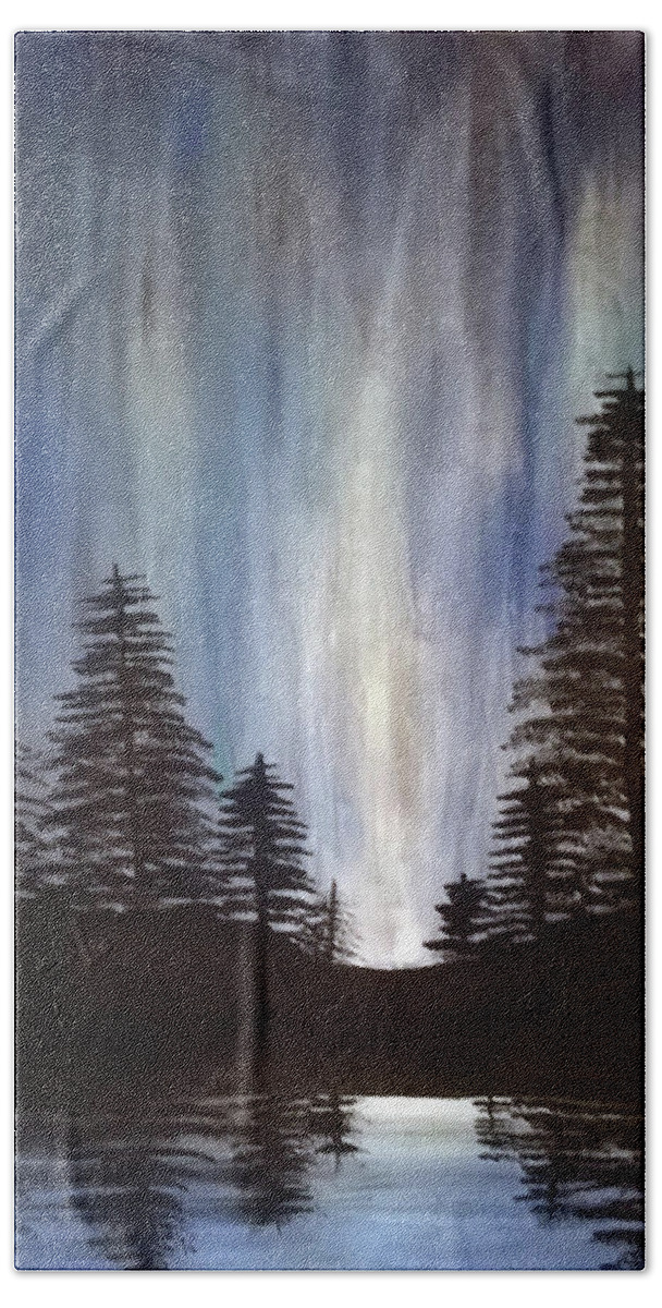 Aurora Beach Towel featuring the painting Forest Aurora by Eseret Art