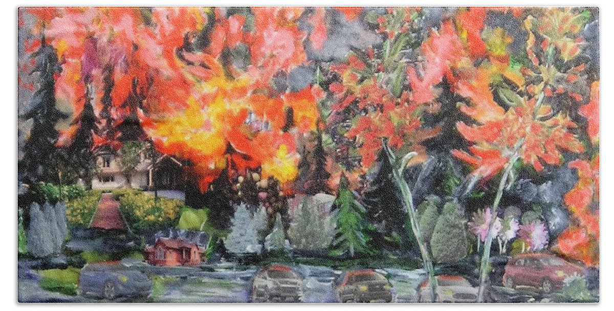 Fire Beach Sheet featuring the painting Forest fire by Saga Sabin
