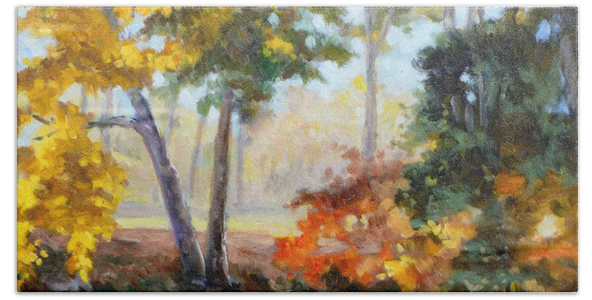 Saint Louis Paintings Beach Sheet featuring the painting Forest Park - Autumn reflections by Irek Szelag