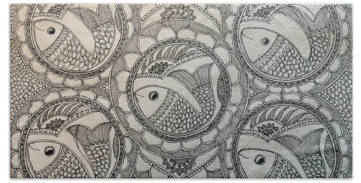 Ink Art Beach Sheet featuring the drawing Fortune Fish by Shilpa Adavatkar