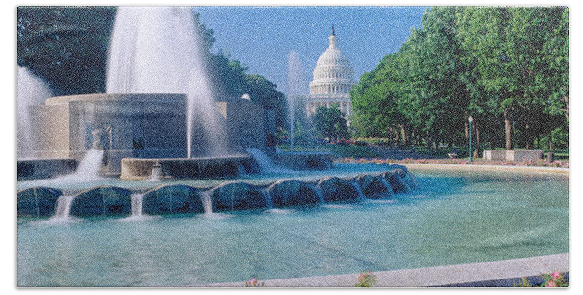 Photography Beach Towel featuring the photograph Fountain And Us Capitol Building by Panoramic Images