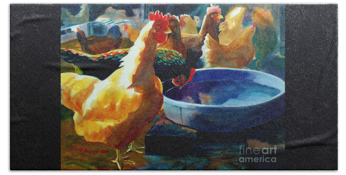 Paintings Beach Towel featuring the painting Four Clucks by Kathy Braud