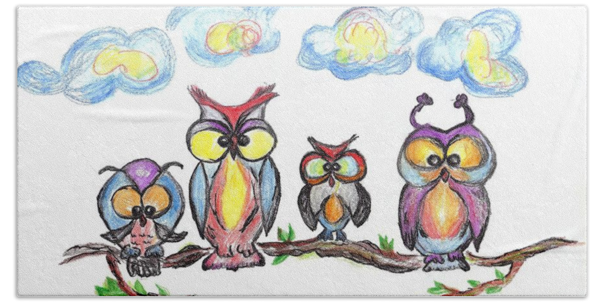Funny Birds Beach Sheet featuring the drawing Four Friends by Ramona Matei