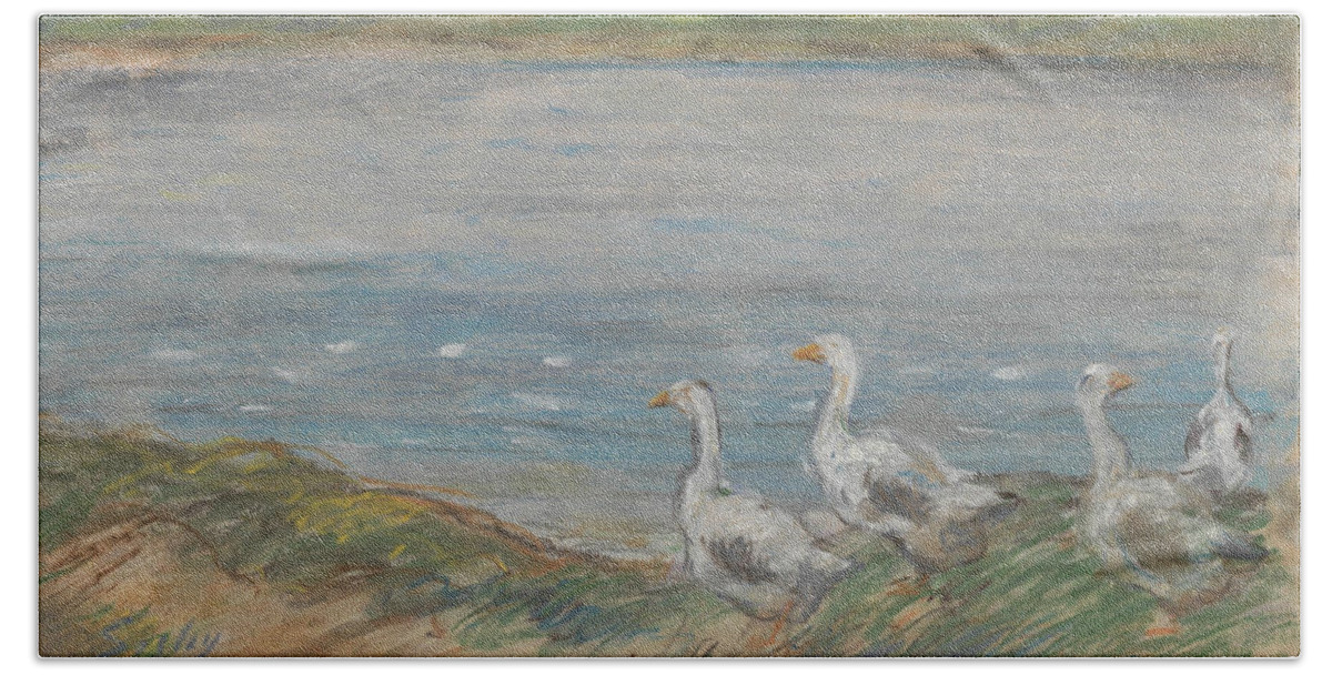 19th Century Art Beach Towel featuring the pastel Four Geese By a Pond by Alfred Sisley