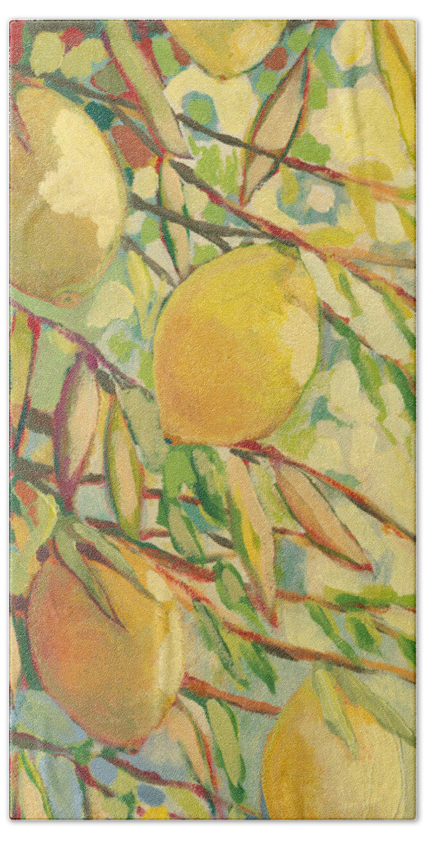 Lemon Beach Towel featuring the painting Four Lemons by Jennifer Lommers