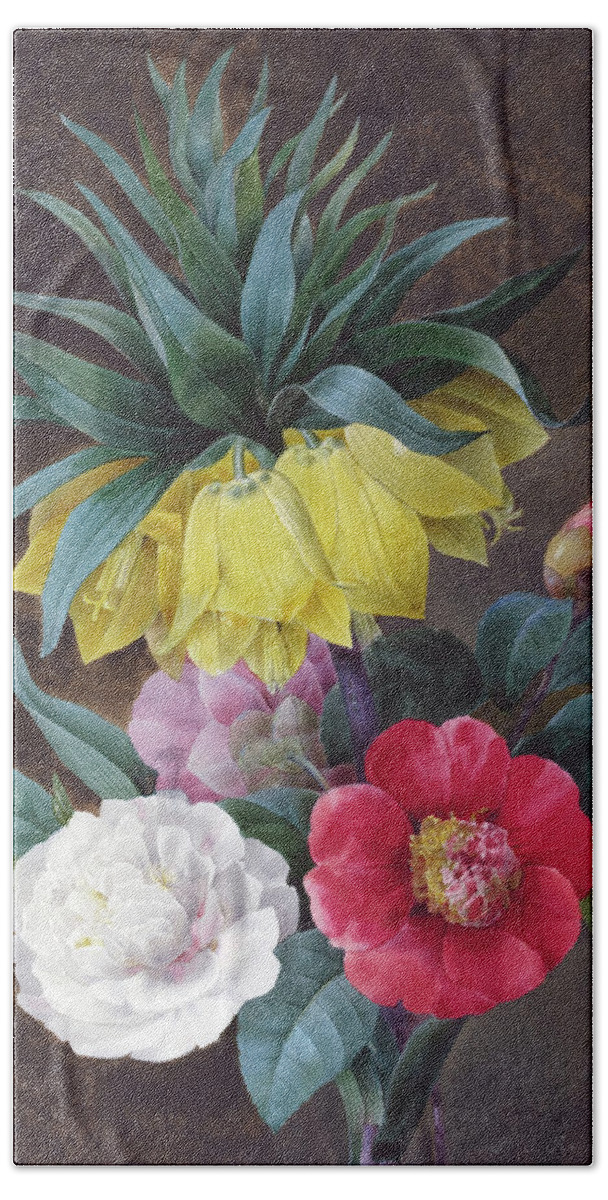 Pierre Joseph Redoute Beach Sheet featuring the painting Four Peonies and a Crown Imperial by Pierre Joseph Redoute