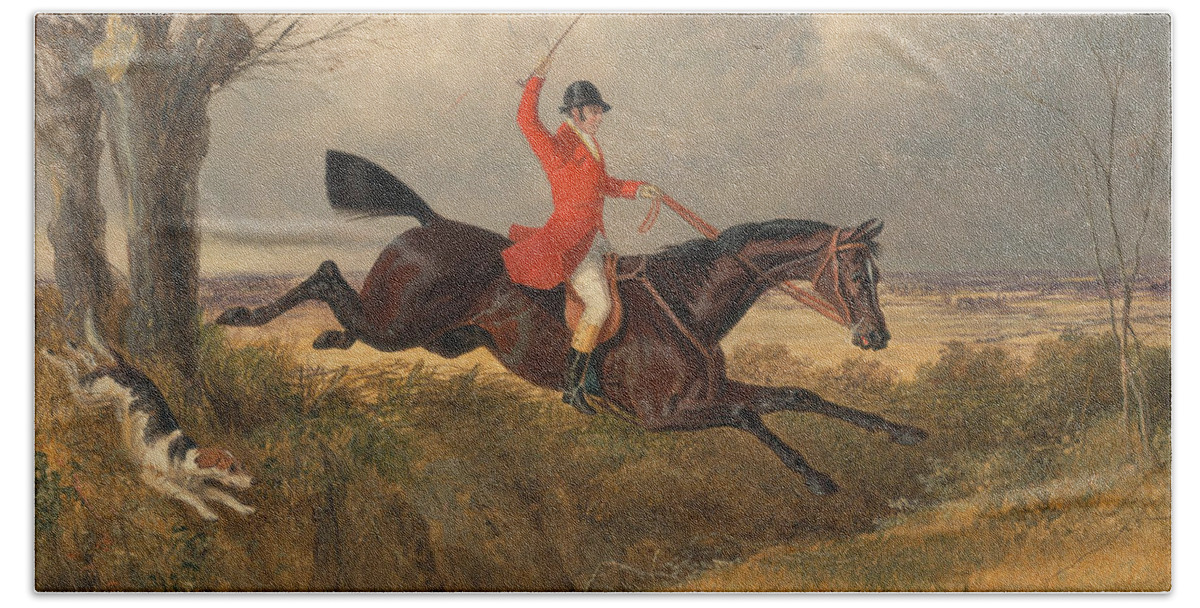 John Frederick Herring - Foxhunting- Clearing A Ditch Beach Towel featuring the painting Foxhunting Clearing a Ditch by Celestial Images