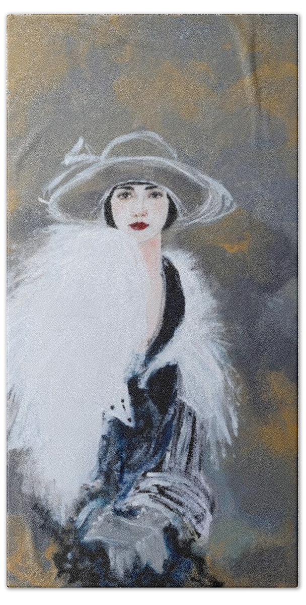 Lady With White Fur Beach Towel featuring the painting Foxy Lady by Susan Adams