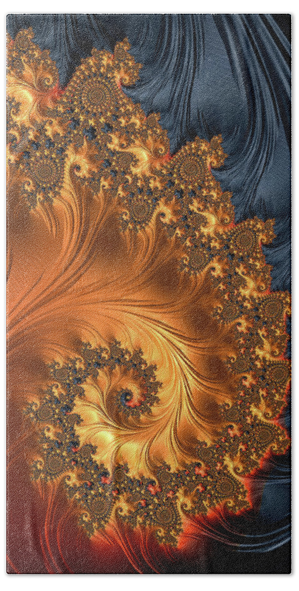 Spiral Beach Towel featuring the digital art Fractal spiral orange golden black by Matthias Hauser