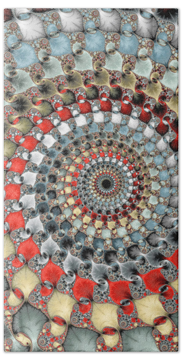 Spiral Beach Towel featuring the digital art Fractal spiral red grey light blue square format by Matthias Hauser