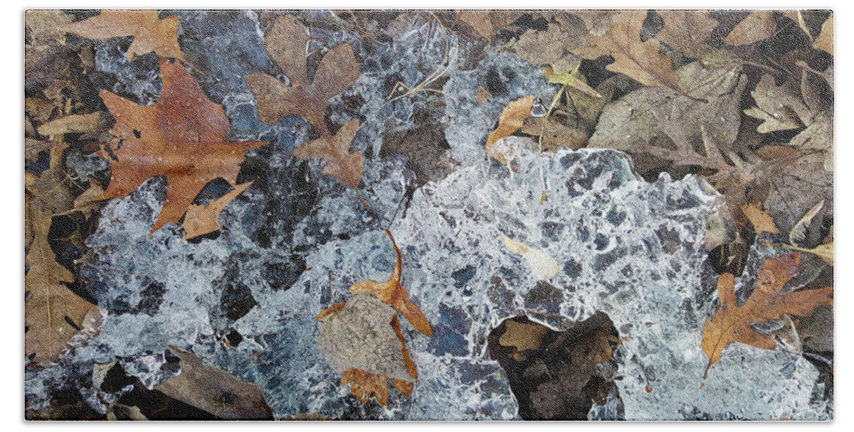 Winter Beach Towel featuring the photograph Fractured Ice Among Fall Leaves by Lynn Hansen