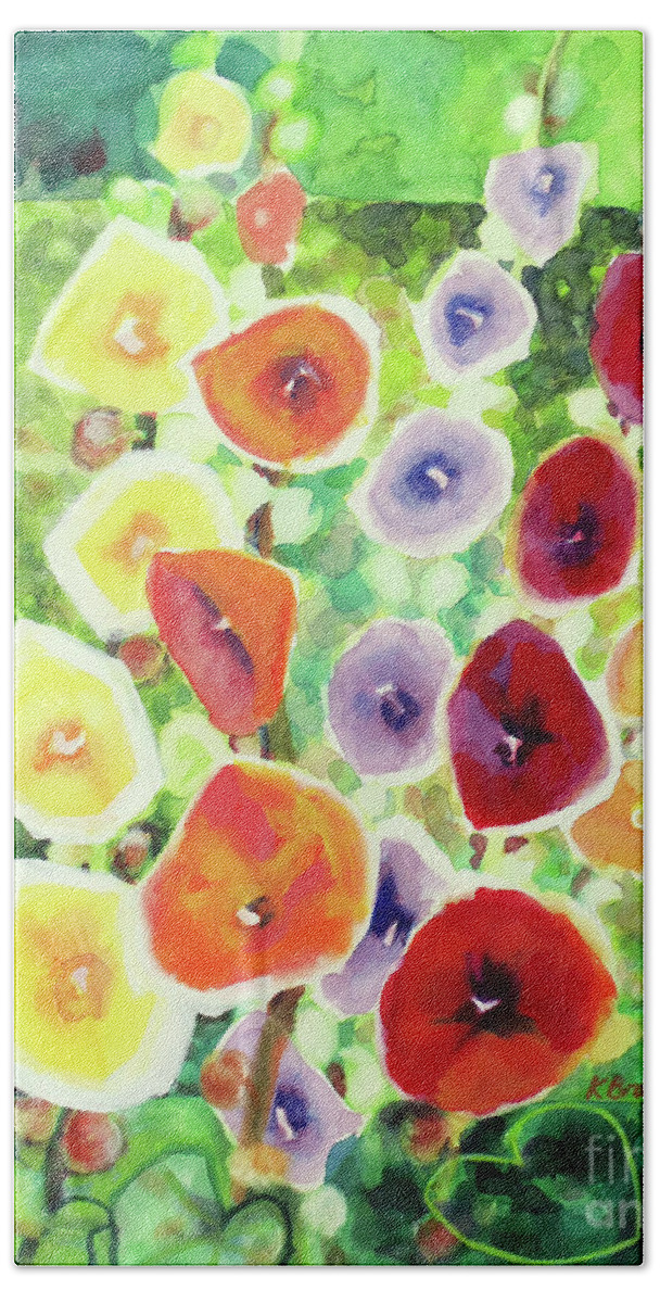 Painting Beach Sheet featuring the painting Framed in Hollyhocks by Kathy Braud