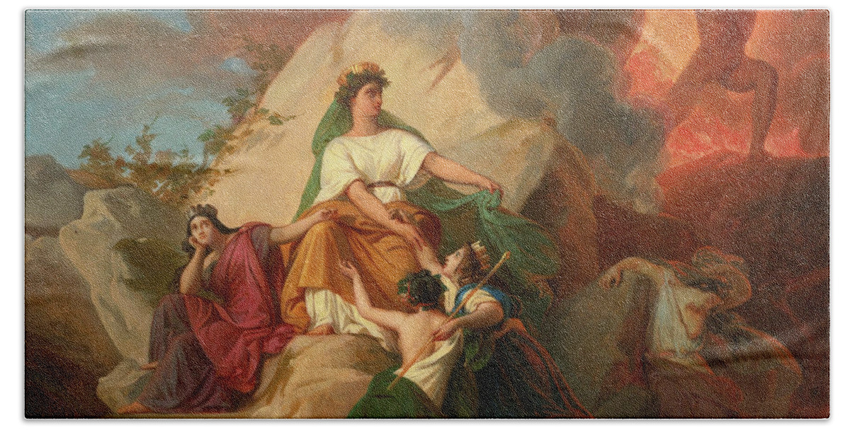 Francois-edouard Picot Beach Towel featuring the painting Cybele opposing Vesuvius to protect the Cities of Stabia Herculaneum Pompeii by Francois-Edouard Picot
