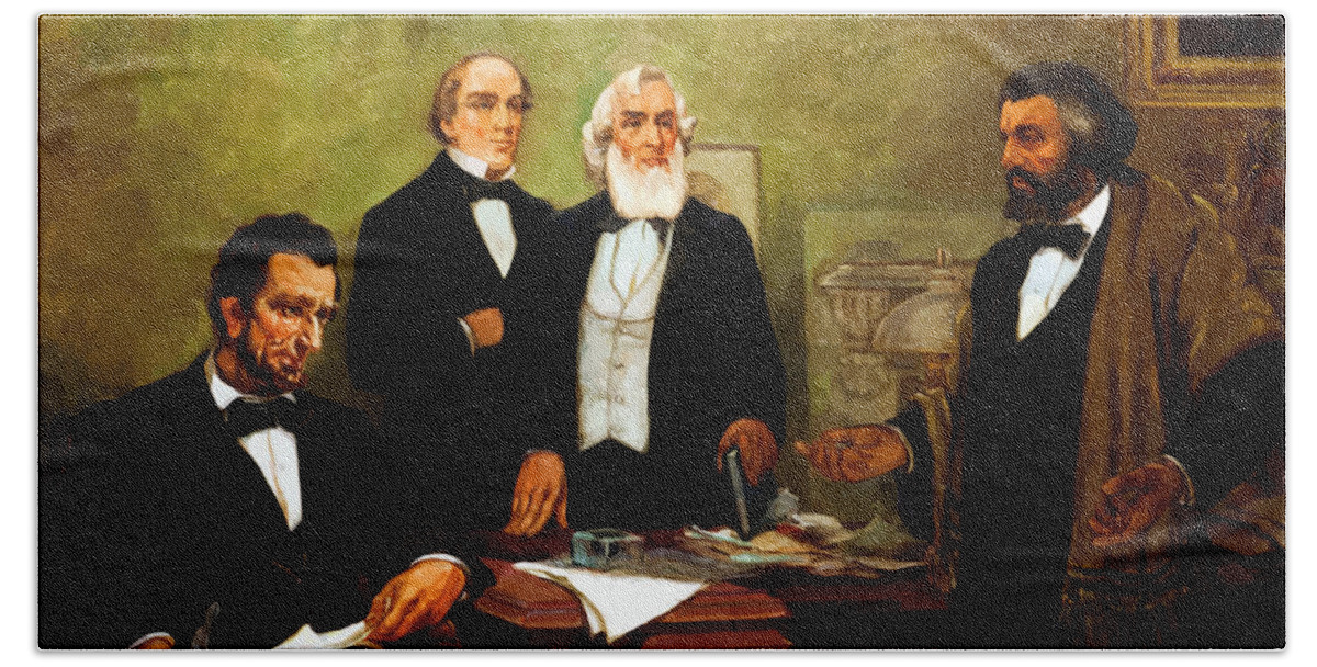 Frederick Douglass Beach Towel featuring the painting Frederick Douglass appealing to President Lincoln by War Is Hell Store