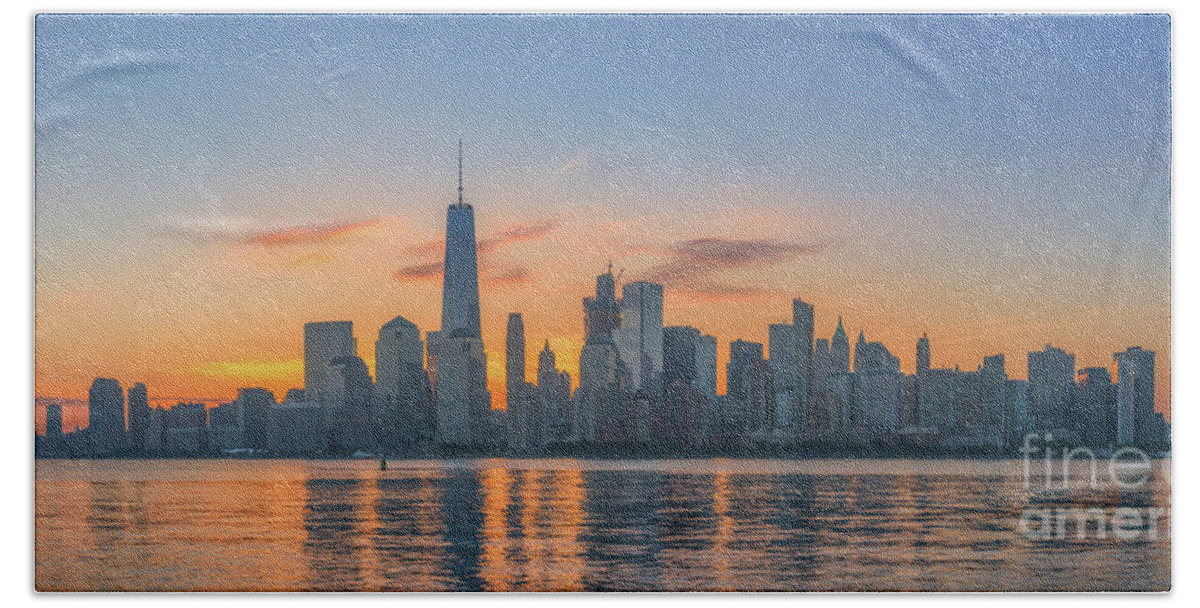 Lower Manhattan Beach Towel featuring the photograph Freedom Tower Sunrise Panorama by Michael Ver Sprill