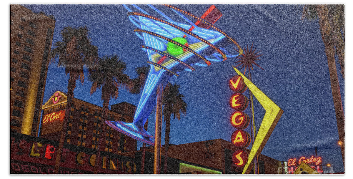 Fremont Street Beach Sheet featuring the photograph Freemont East District Neon Signs From the West at Dawn Wide by Aloha Art