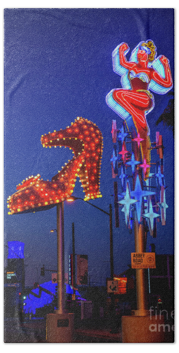 Lucky Lady Beach Towel featuring the photograph Fremont Street Lucky Lady and Ruby Slipper Neon Signs by Aloha Art