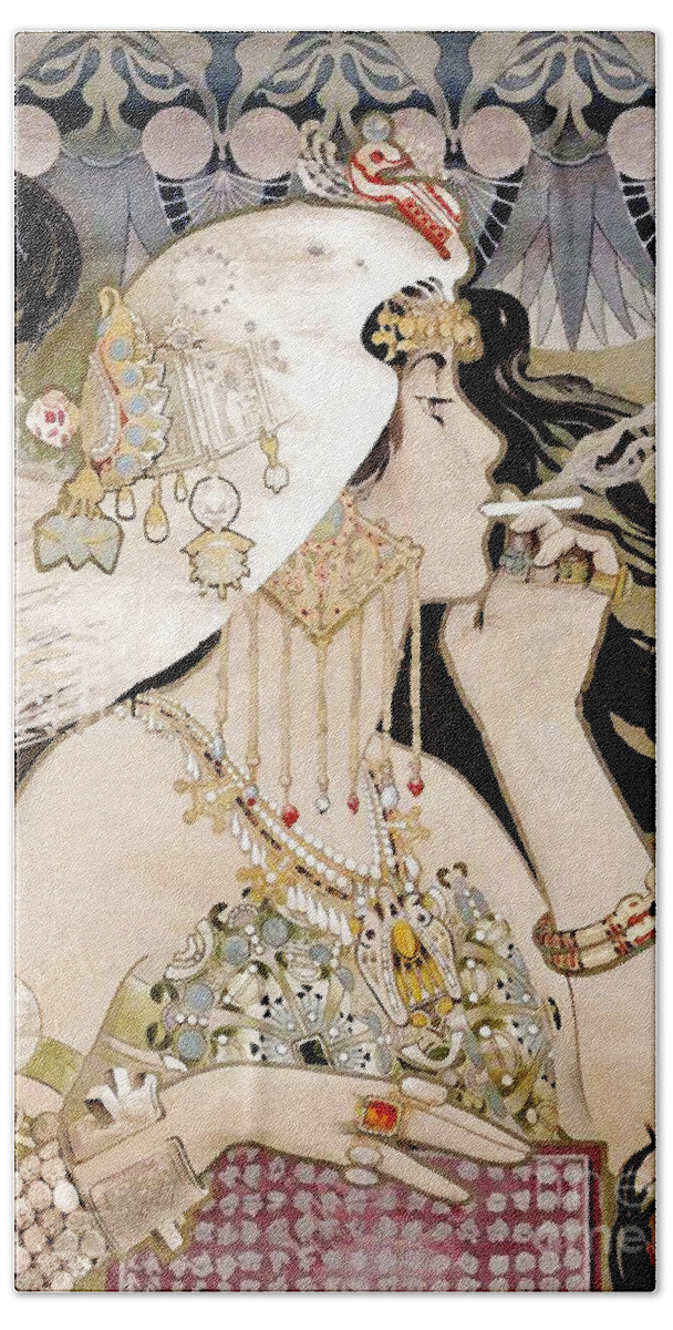 Art Nouveau Beach Towel featuring the painting French Art Nouveau smoking woman Collage by Tina Lavoie