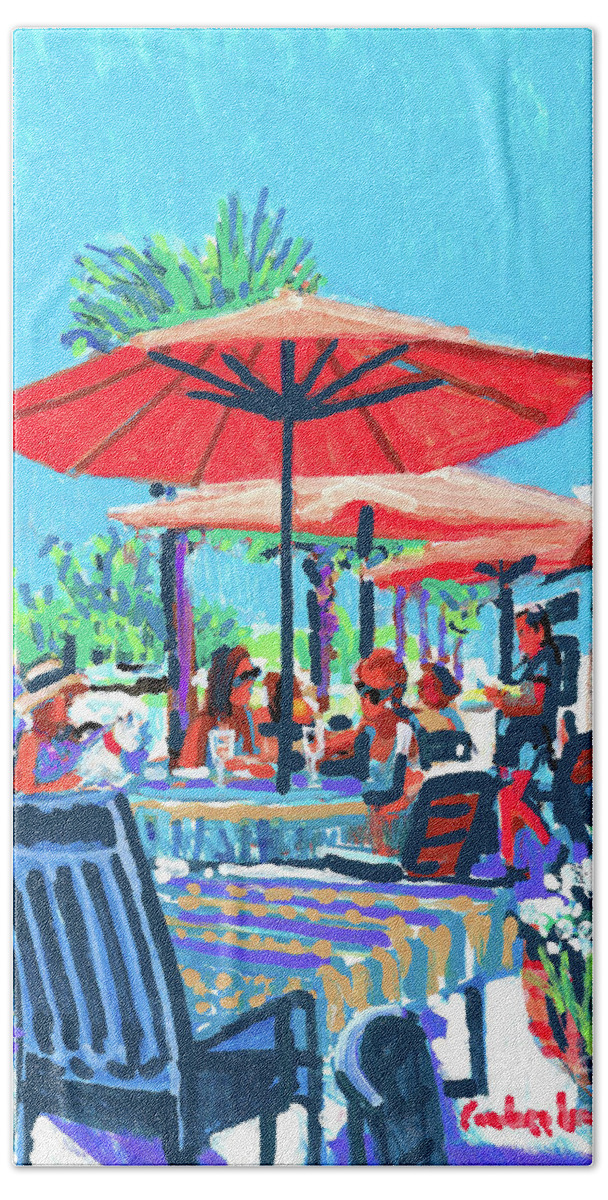 French Bakery Beach Towel featuring the painting French Bakery Umbrella Dining by Candace Lovely