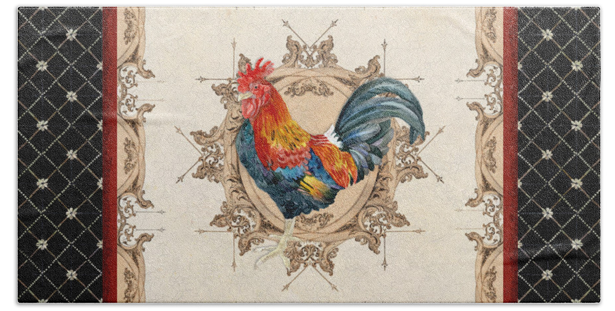 Etched Beach Towel featuring the painting French Country Roosters Quartet Black 2 by Audrey Jeanne Roberts