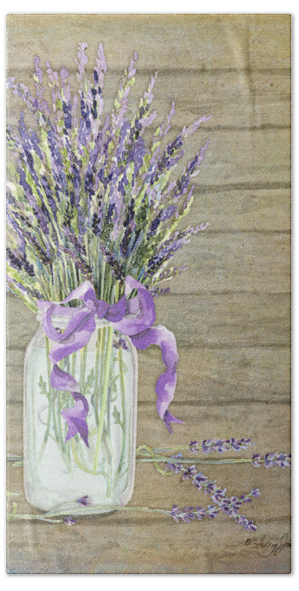 Watercolor Beach Sheet featuring the painting French Lavender Rustic Country Mason Jar Bouquet on Wooden Fence by Audrey Jeanne Roberts
