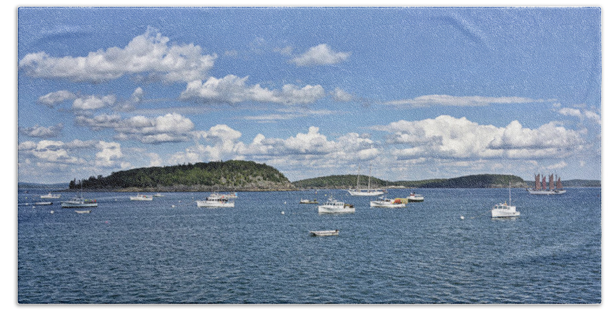 maine Lobster Beach Towel featuring the photograph Frenchman Bay - Lobster Boats and Porcupine Islands by Brendan Reals