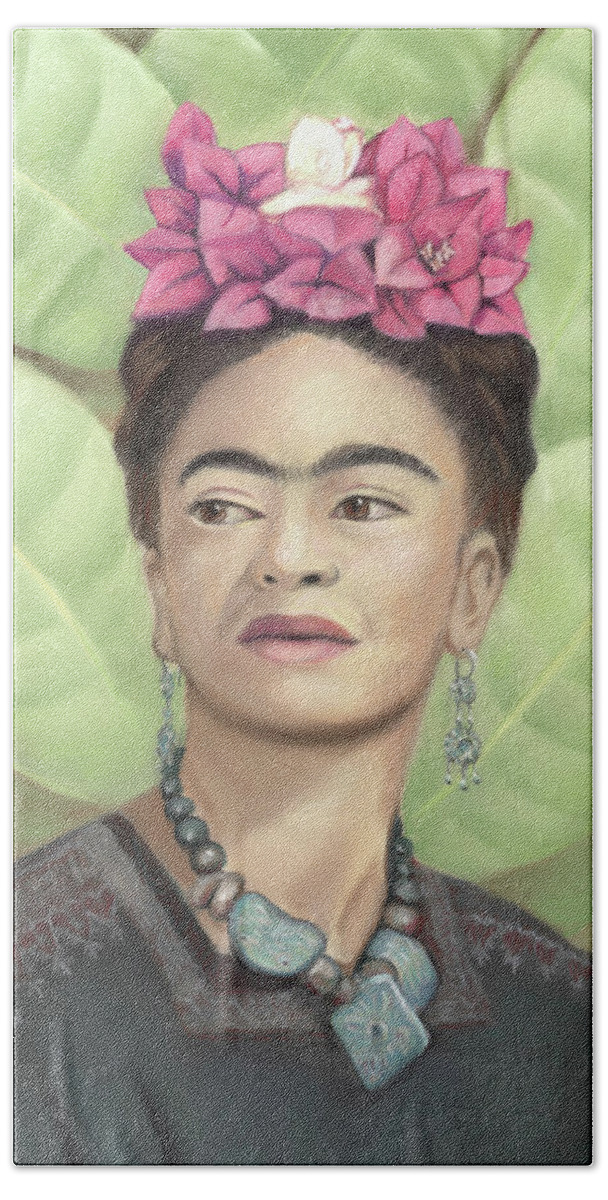 Frida Kahlo Beach Towel featuring the pastel Frida Kahlo by Linda Ruiz-Lozito