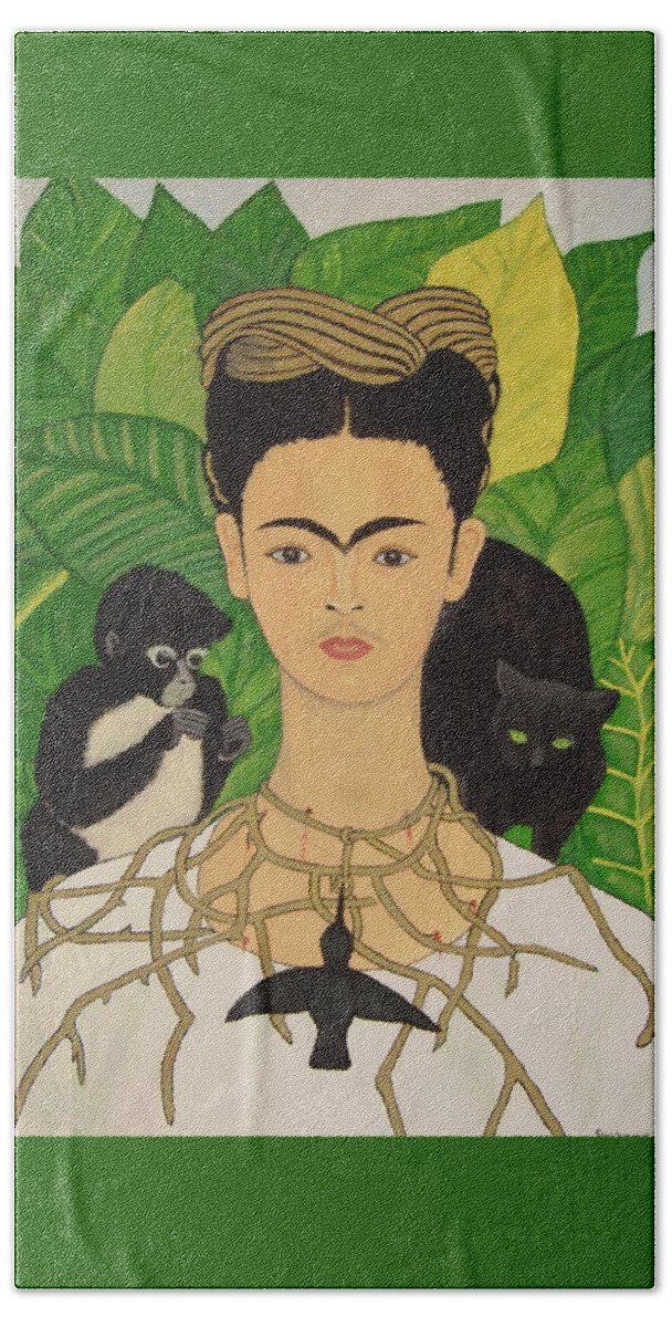 Frida Kahlo Beach Towel featuring the painting Frida with Monkey and Cat by Stephanie Moore