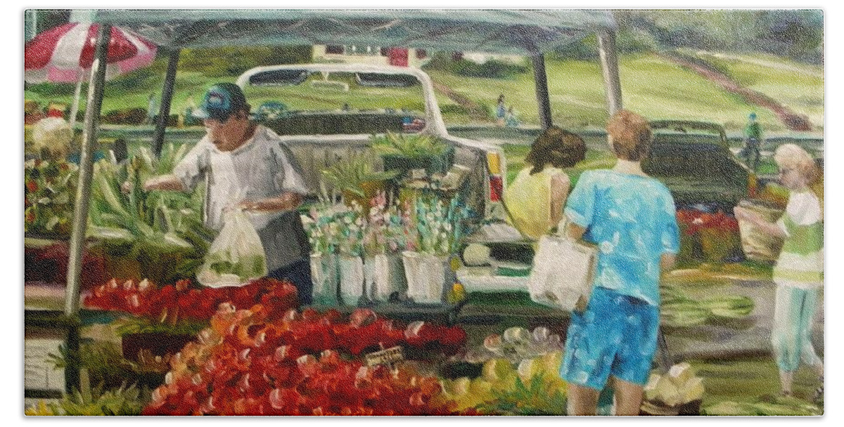 Market Beach Towel featuring the painting Friday Farm Market by John Williams