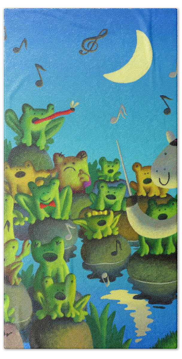 Chris Miles Frogs Unicorn Singing Choir Music Moonlight Swamp Beach Towel featuring the painting Frog Choir by Chris Miles