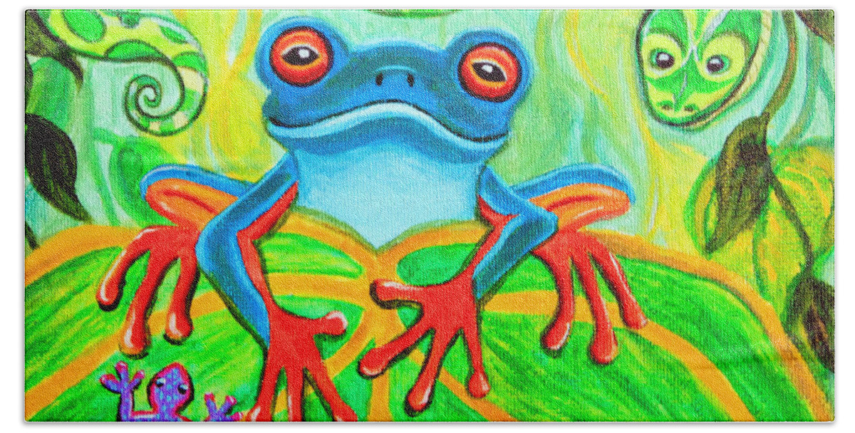 Frog Art Beach Towel featuring the painting Frog Snake and Gecko in the Rainforest by Nick Gustafson