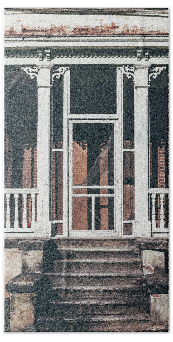 Abandoned Beach Towel featuring the photograph Front Door of Abandoned Building by Kim Hojnacki