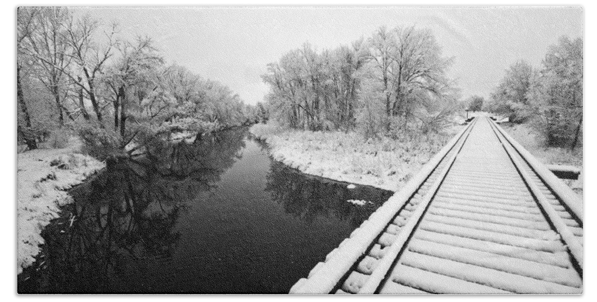 Fine Art Black And White Photography. Black And White Snow Photography.black And White Greeting Cards. Black And White Train Tracks Greeting Cards. Train Tracks In The Snow.black And White Infrared Photography. Black And White Photography. Beach Sheet featuring the photograph Frosty Morning On The Poudre by James Steele