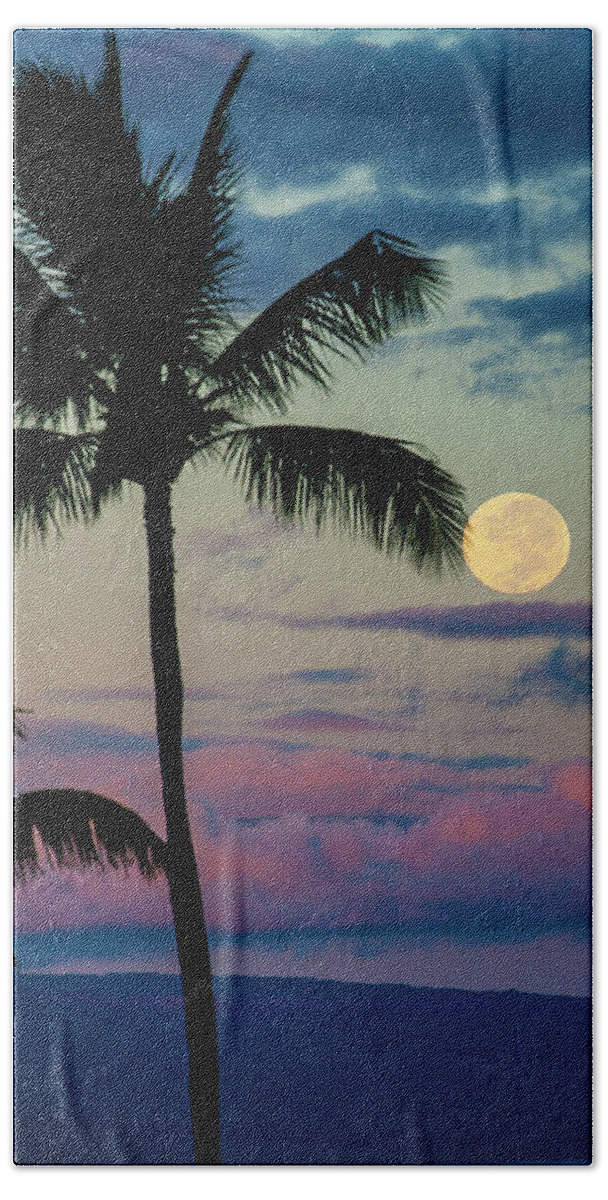 Palm Trees Beach Towel featuring the photograph Full Moon and Palm Trees by Anthony Jones