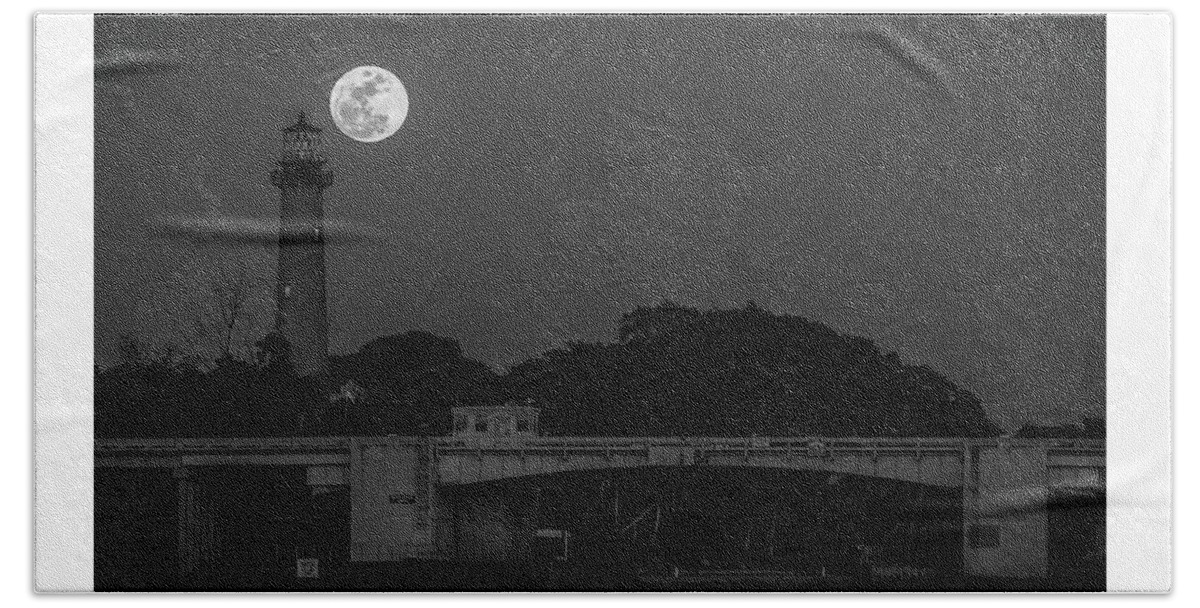 Black And White Beach Sheet featuring the photograph Full Moon and The Jupiter Lighthouse by Christopher Perez