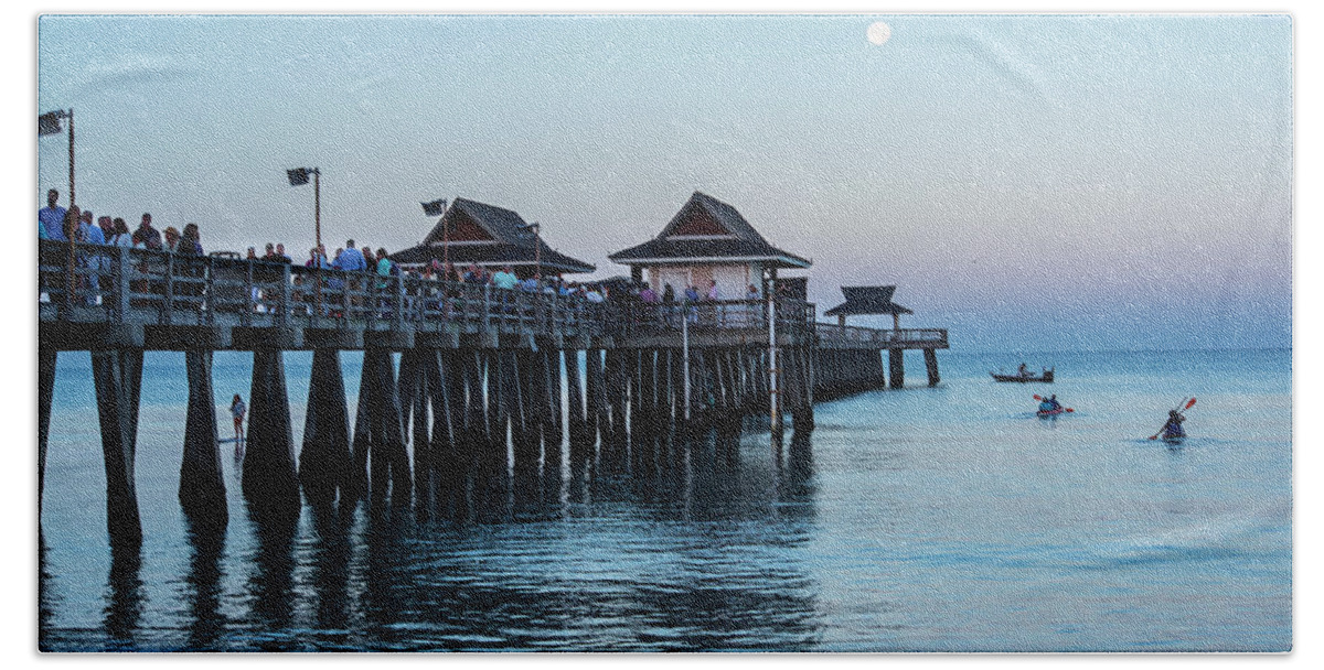 Naples Beach Towel featuring the photograph Full Moon over the Naples Pier at Sunrise Naples Florida by Toby McGuire