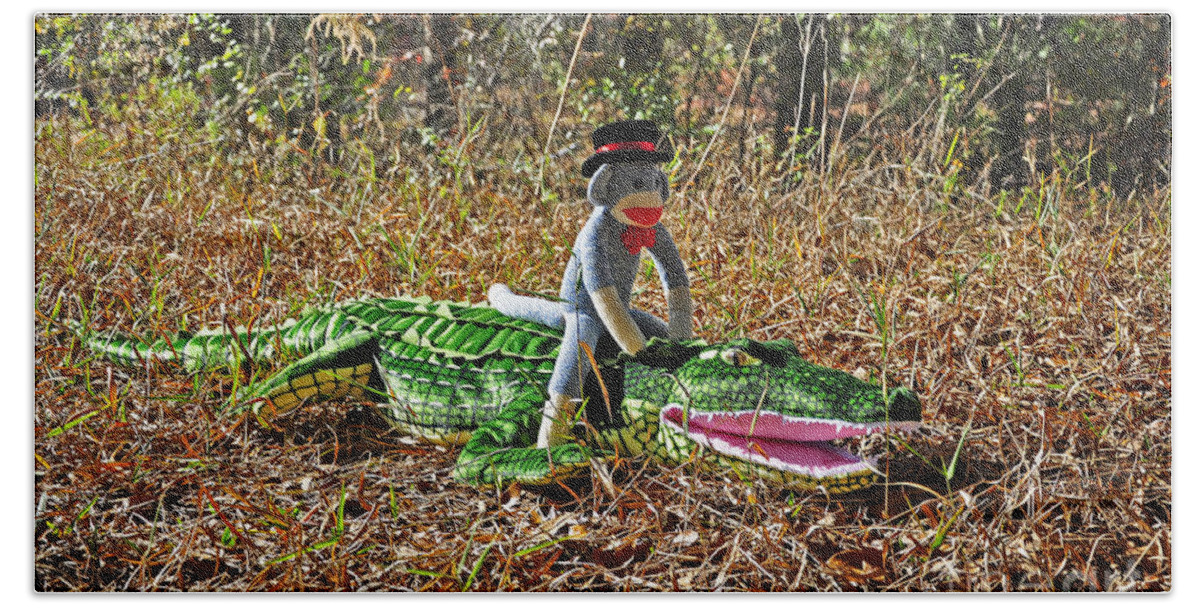 Sock Monkey Beach Towel featuring the photograph Funky Monkey - Reptile Rider by Al Powell Photography USA
